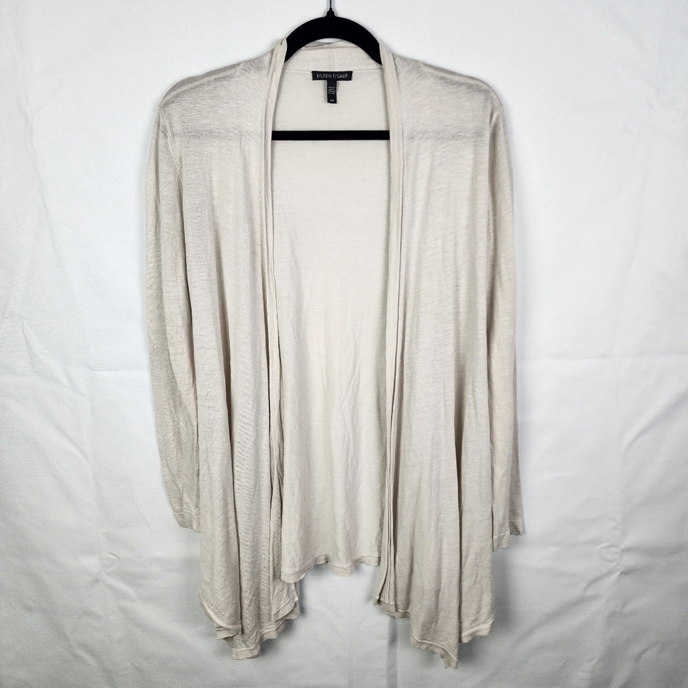 Eileen Fisher Long Sleeve Open Front Silk Linen Blend Cardigan Beigeโ Size Small